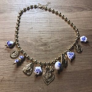 Boho Gold-Tone Beaded Necklace with Blue & White Porcelain Charms
